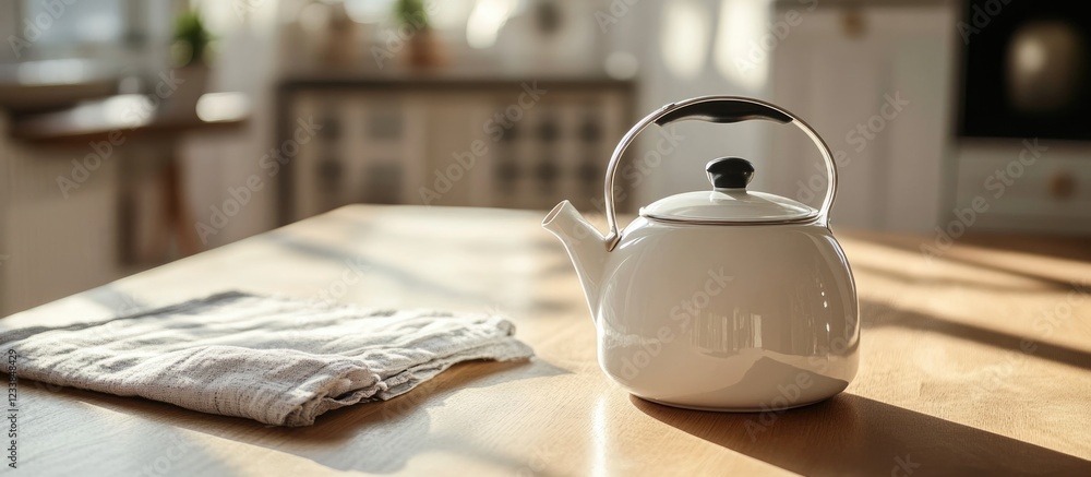 Aufkleber closeup of a white kettle on a kitchen table with ample empty space for text or branding in a bright