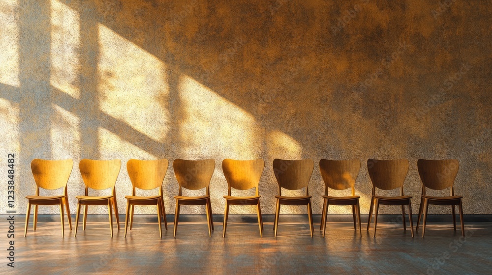 Aufkleber chairs arranged in a row against a textured wall with sunlight creating elegant shadows in a modern 