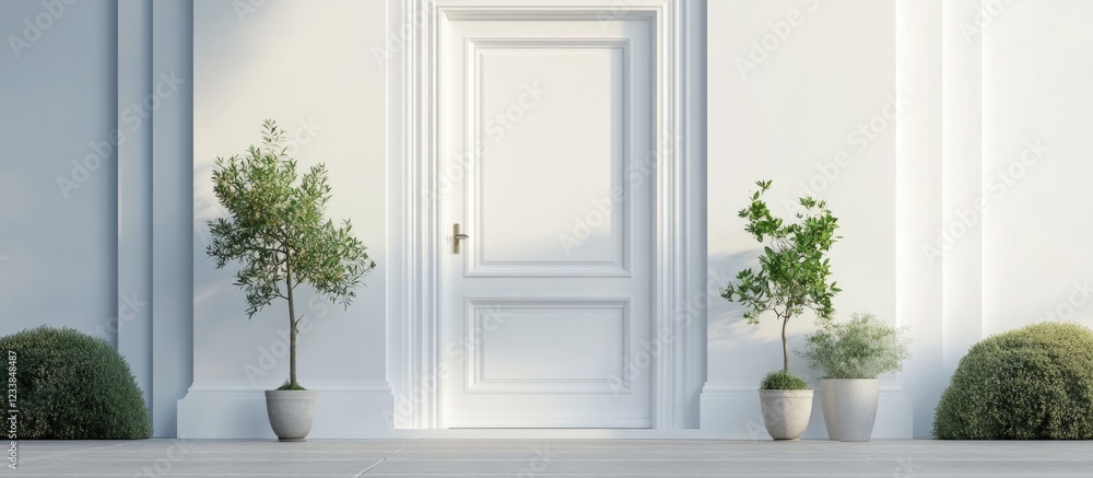 Poster Elegant White Front Door Surrounded by Lush Greenery and Empty Space for Custom Text or Branding Use