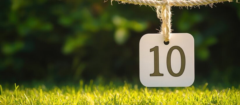 Number 10 tag hanging from rope against grassy background with blank space for customization and text placement