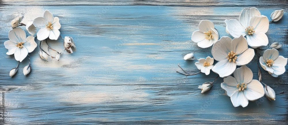 Poster rustic blue wooden background adorned with white flowers creating a romantic spring or summer card w