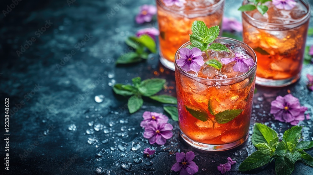 Poster Refreshing iced tea garnished with mint and flowers on a dark background with empty space for text or branding in a stylish presentation