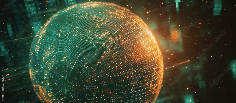 Poster digital planet network showcasing global communication with cybernetics and fintech concepts featuri