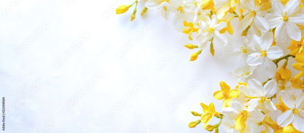 Poster elegant white forsythia floral background with ample empty space for text and design elements