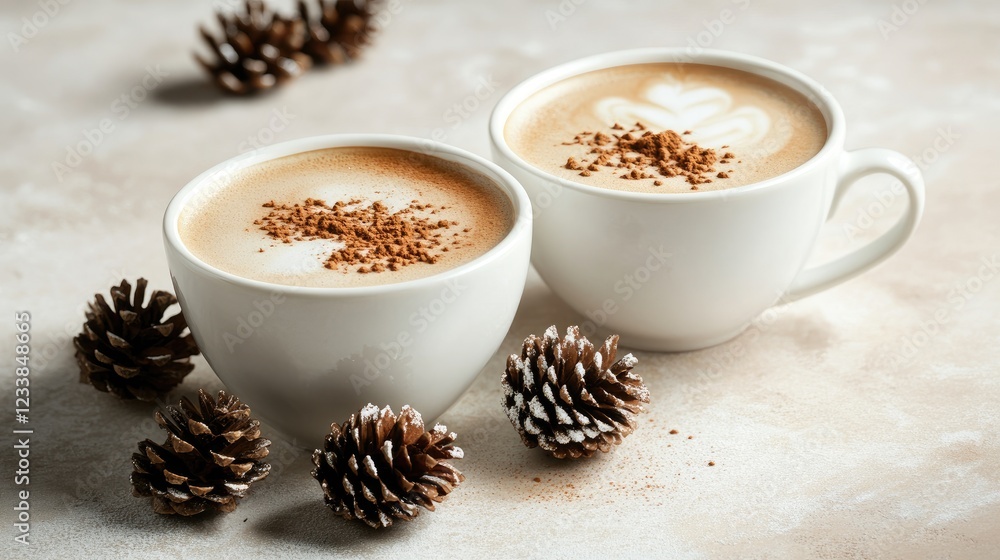 Poster cappuccino cups with pine cones on a light table creating a cozy atmosphere perfect for winter-theme