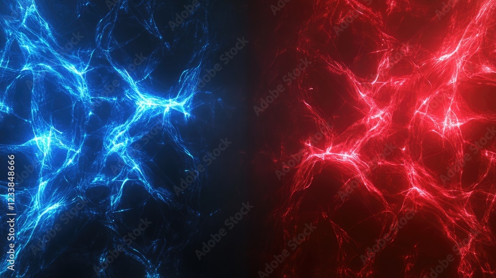 Poster vibrant red and blue glowing digital network nodes with space for text in abstract technology backgr