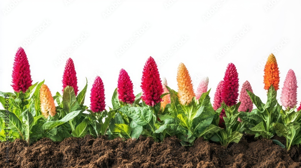 Poster vibrant celosia flowers blooming in rich soil with a clean white background for text or design space
