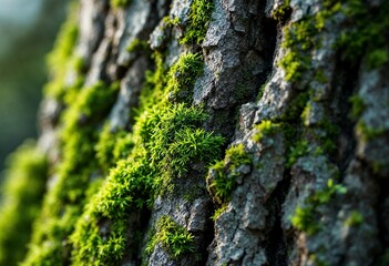 Nature's Vibrant Tapestry Unfolds on a Moss-Covered Tree Trunk. Generative AI