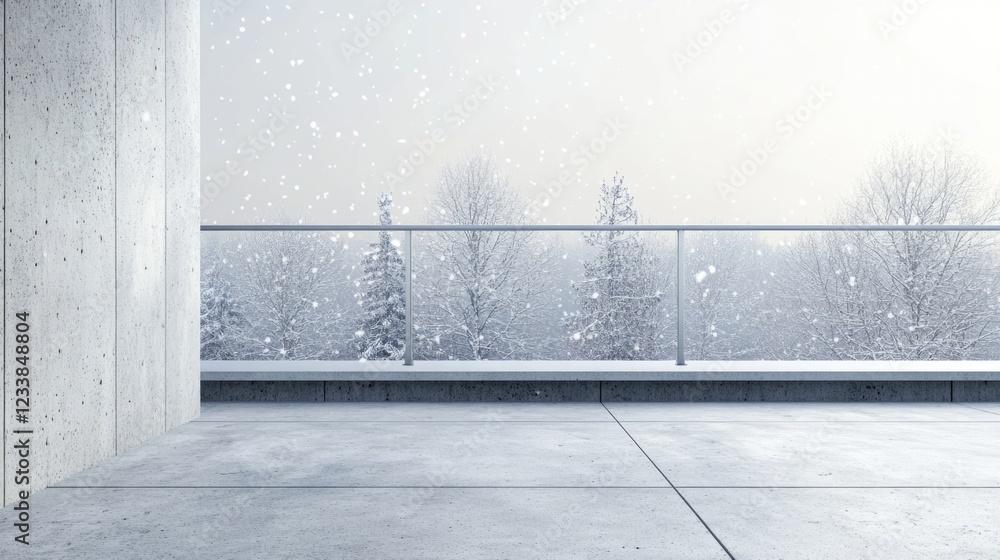 Poster winter snowy balcony scene with copy space for text overlooking frosted trees