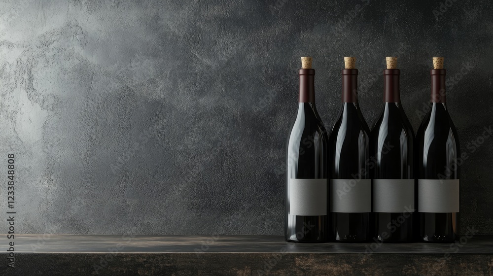 Poster wine bottles on rustic shelf in cellar with blank labels ready for customization and branding in dar