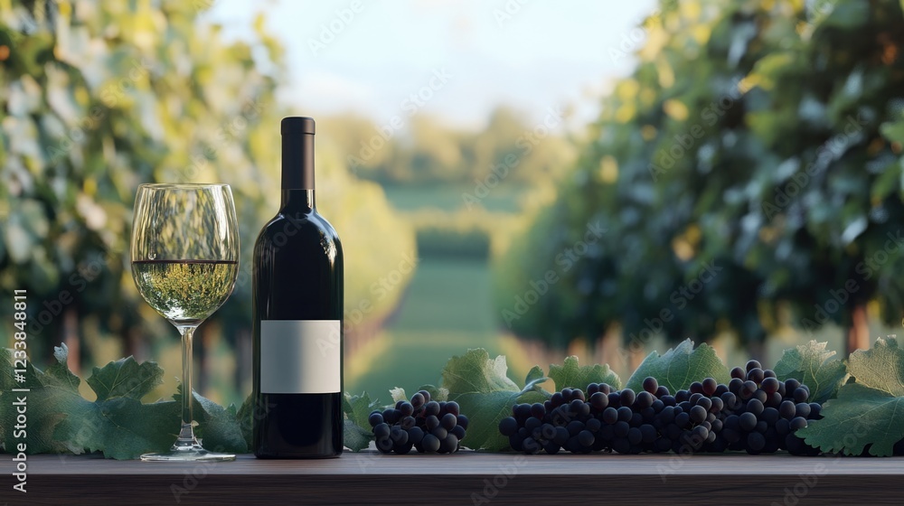 Poster elegant wine glasses and bottle in a vineyard setting with lush grapes and clear space for personali
