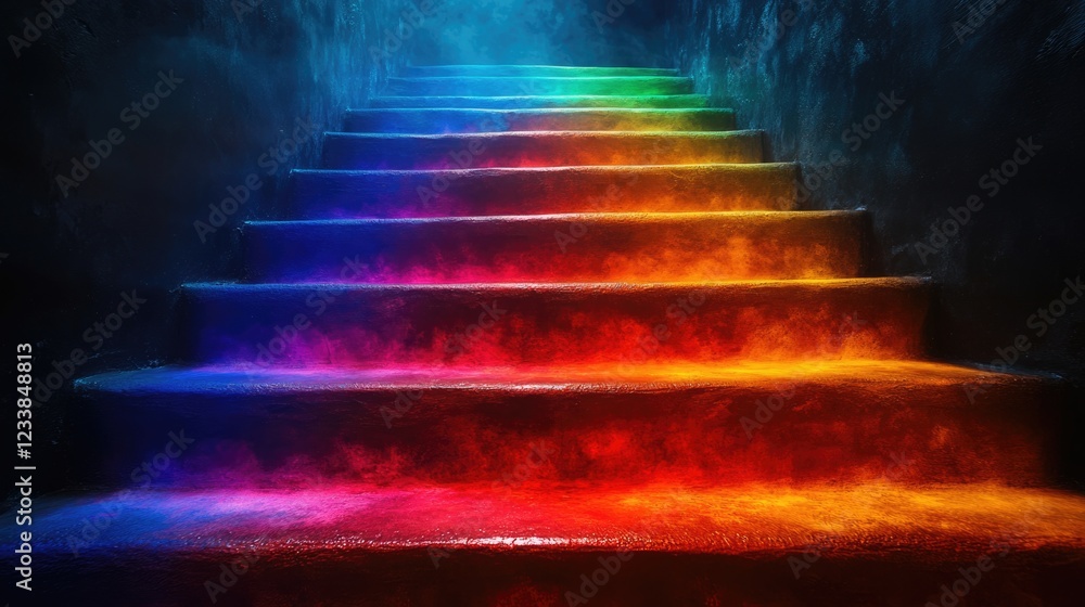 Poster Artistic top view of a colorful rainbow staircase with mist creating a vibrant background and ample space for text or branding.