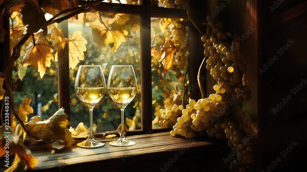 Aufkleber Two empty glasses of white wine on rustic table with sunlit grapes and autumn leaves by cellar window in vineyard setting