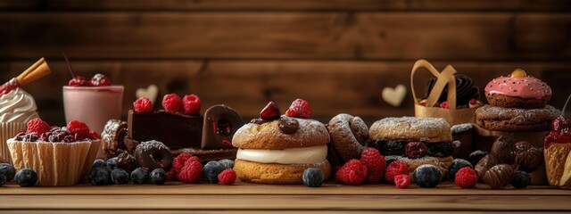 Warehouse Display of Assorted Gourmet Desserts with Fresh Berries on a Rustic Wooden Surface for Text Overlay