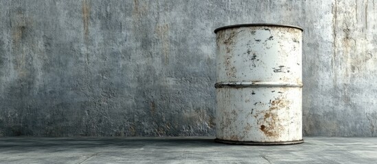 Naklejka premium Weathered White Metal Barrel on Industrial Cement Floor with Ample Empty Space for Text or Branding Options