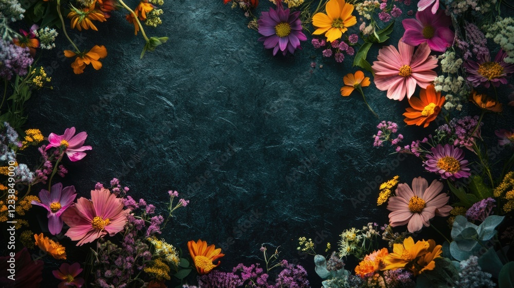 Leinwandbilder colorful floral arrangement on dark textured background with ample empty space for text or design el
