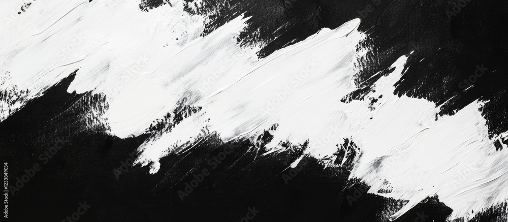 Poster abstract white paint stroke on black canvas with large negative space for creative text and design e