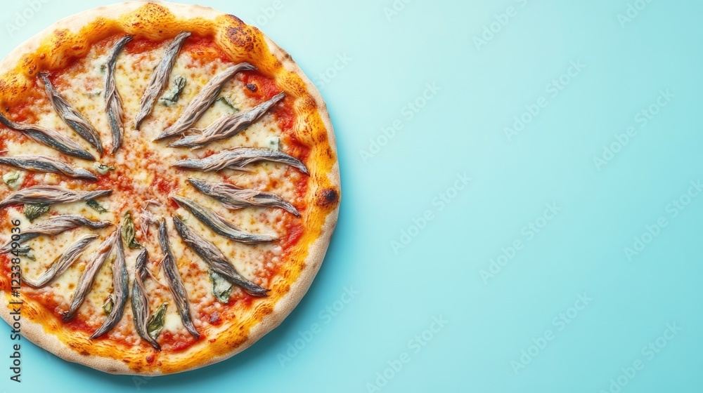 Poster delicious pizza topped with anchovies presenting a vibrant blue background and ample empty space for