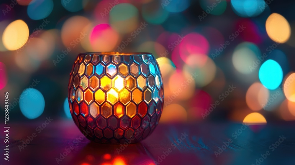 Poster vibrant bokeh background with colorful lights and honeycomb candle holder creating an inviting atmos