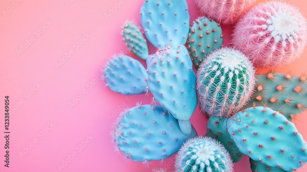 Poster vibrant cactus arrangement on soft pink and azure background with textured details