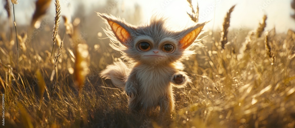 Poster whimsical creature joyfully exploring a sunlit meadow with lush grass and gentle light, featuring am