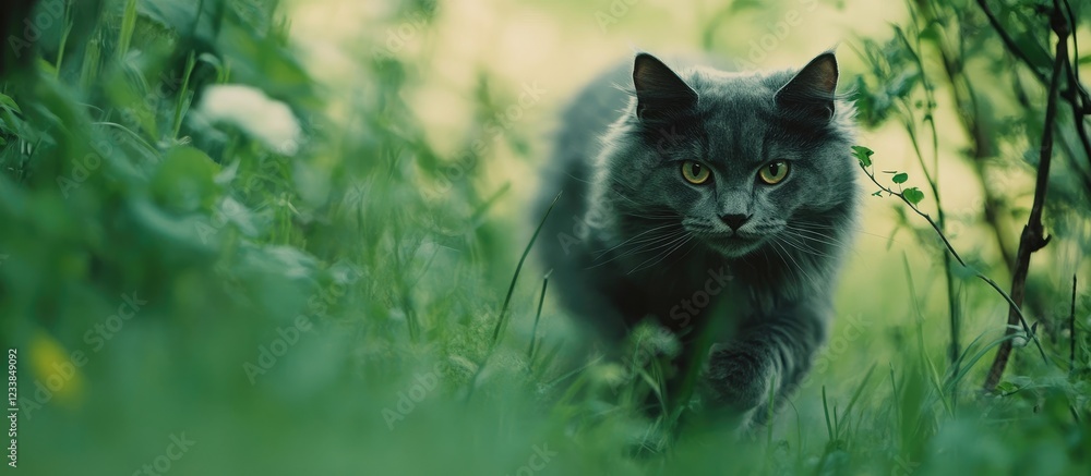 Poster gray fluffy cat stealthily hunting in lush green grass with empty space for text overlay in natural 