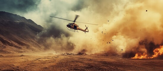 Obraz premium Military helicopter in an arid battlefield with smoke and flames depicting war's destruction and chaos featuring empty space for text