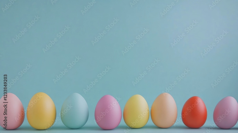 Poster colorful easter eggs in a row with soft blue background and blank space for text or seasonal greetin