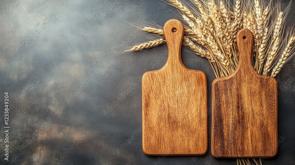 Poster wooden cutting boards and golden wheat arranged on a dark tabletop viewed from above for culinary or