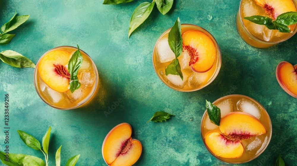 Aufkleber Refreshing peach whiskey cocktail mocktail garnished with slices and basil on a vibrant green tile background with space for text.