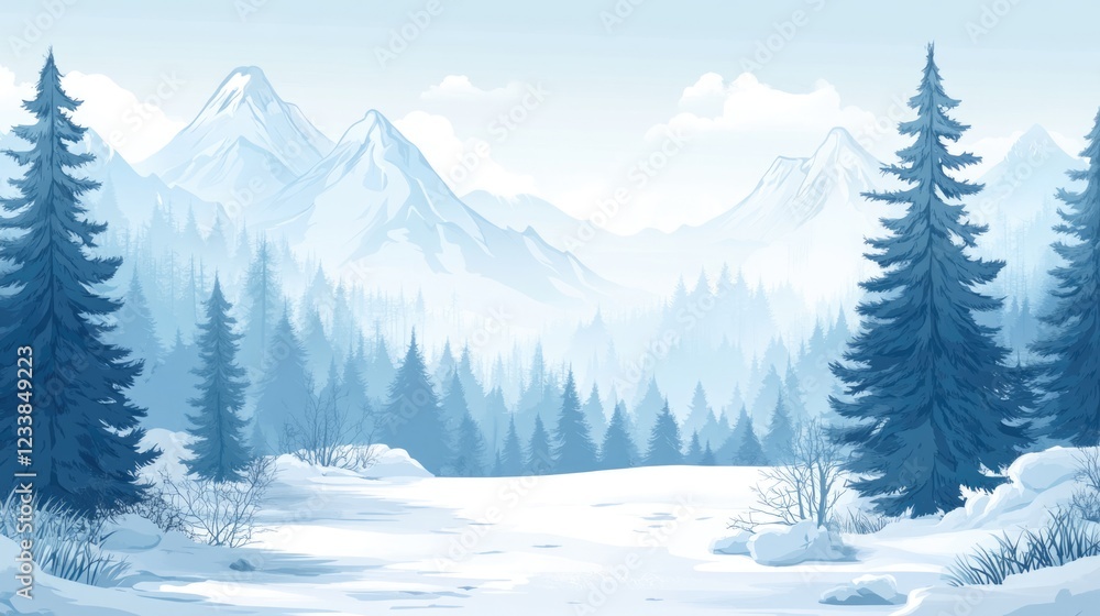 Poster serene winter forest panorama featuring snow-covered trees and distant mountains with ample empty sp