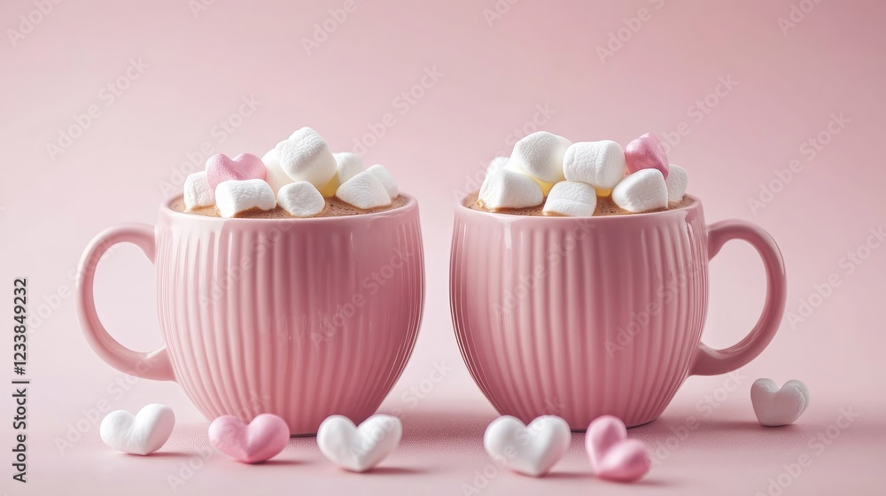 Aufkleber cozy hot chocolate in pink mugs topped with marshmallows and heart shapes on a soft pink background 