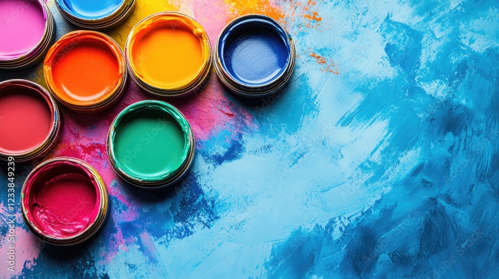 Aufkleber colorful paint pots with bright hues on blue artistic background and ample copy space for text or de