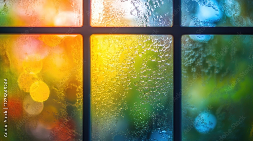Poster Colorful Abstract Background with Raindrops on Window Creating a Kaleidoscope Effect of Light and Bokeh in Soft Focus