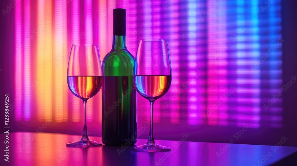 Poster wine bottle and two glasses on table with vibrant colorful light reflection background