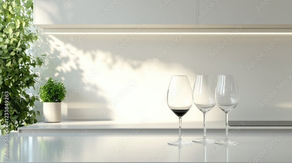 Poster elegant wine glasses on a bright kitchen counter with lush greenery and ample copy space for text an