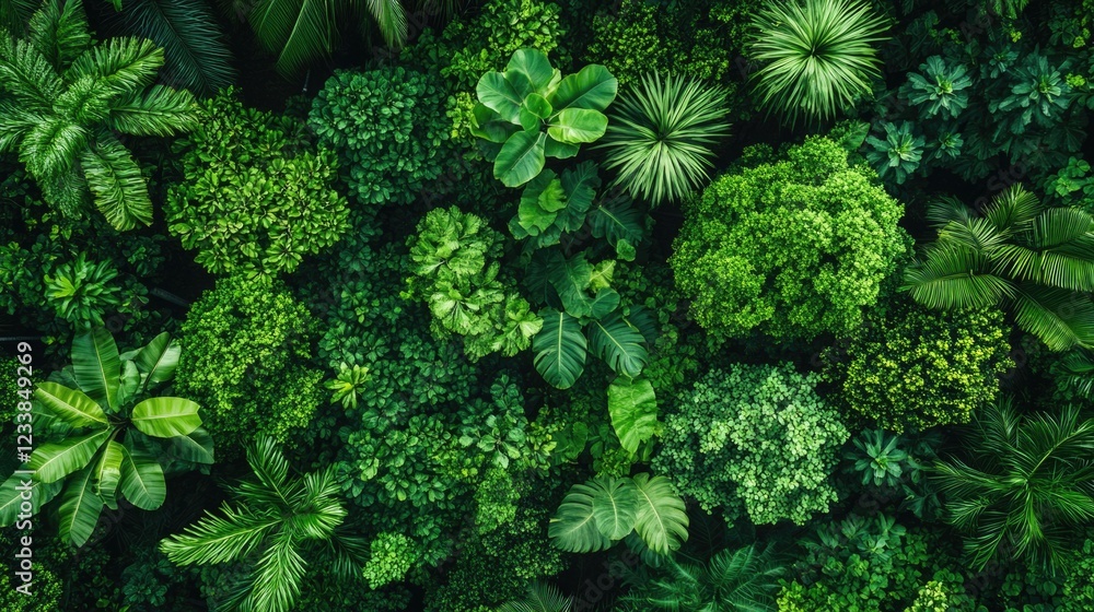 Poster Lush rainforest canopy from above displaying rich biodiversity and healthy ecosystems with space for adding text or branding elements