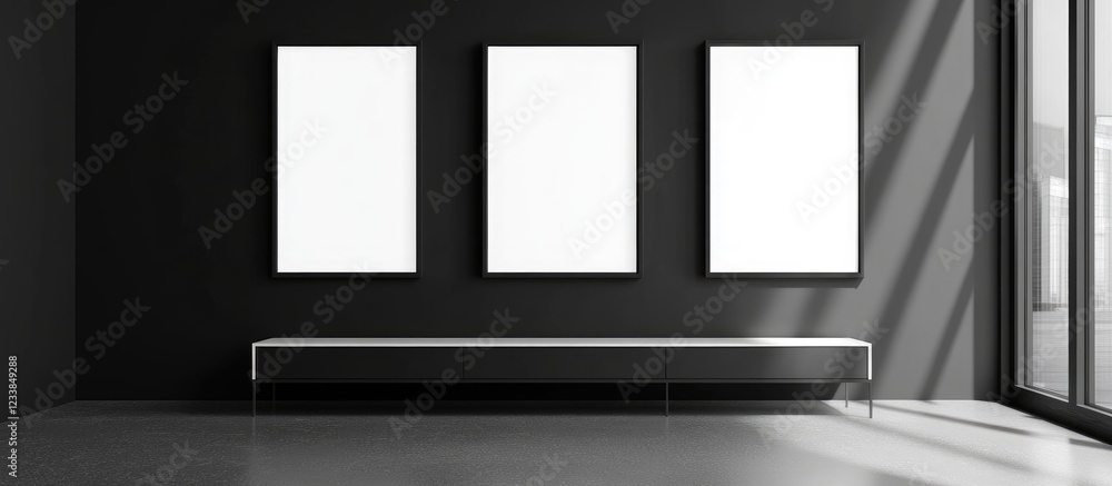 Poster minimalist black wall mockup with low cabinet and empty frames ideal for text placement and creative