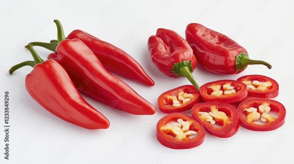 Poster vibrant cayenne peppers whole and sliced on white background for culinary use and spice illustration
