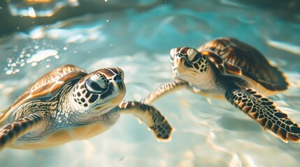 Close up of Sea Turtles Swimming Gracefully in Crystal Clear Ocean Water with Room for Text on Underwater Marine Life Scene