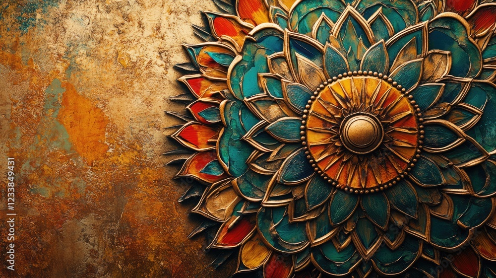 Poster intricate vibrant mandala design with detailed patterns and textured background featuring ample empt