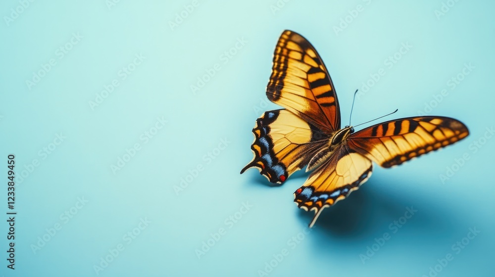Aufkleber vivid butterfly portrait on light blue background with clear copyspace for creative text and design 