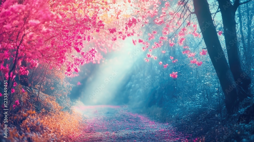 Poster Vibrant autumn forest path illuminated by soft light with colorful foliage and space for text or captions