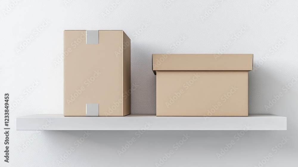 Fototapete Empty cardboard boxes displayed on a clean shelf in a modern interior setting showcasing minimalistic design and organizational simplicity.