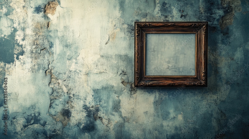 Poster antique photo frame on rustic wall background with empty space for text or art display in vintage in