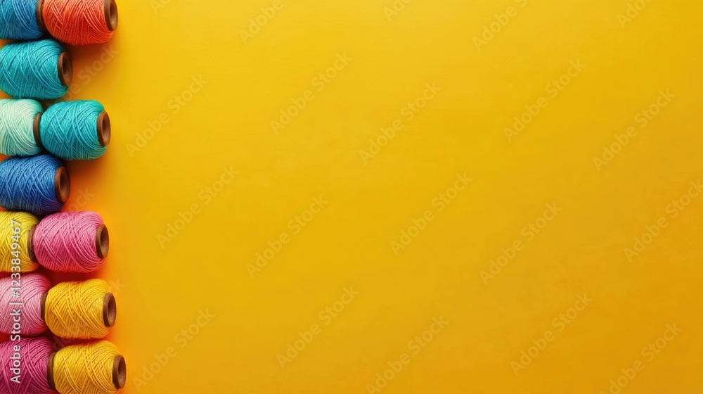 Poster Colorful yarn spools arranged on bright yellow background with ample copyspace for creative text or design elements in knitting themes