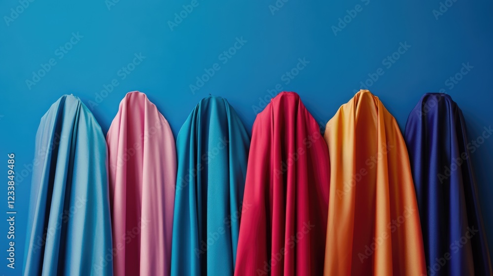 Aufkleber Vibrant Draped Fabrics in a Row on Blue Background with Copyspace for Text Ideal for Fashion and Event Promotion