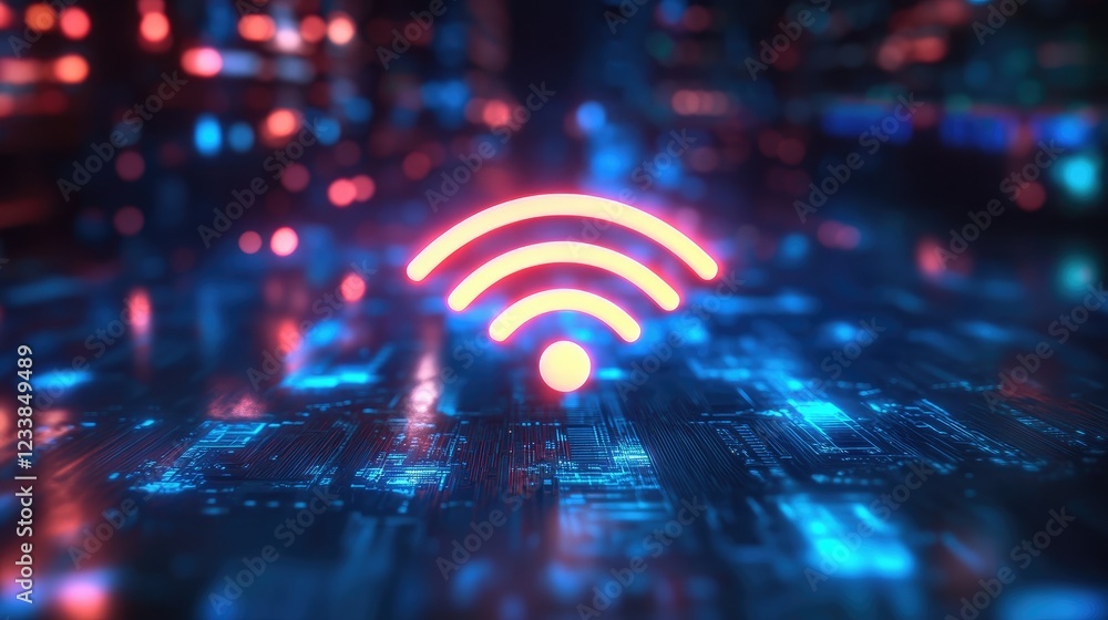 Poster neon wifi microchip symbol glowing in a futuristic cyberpunk cityscape with vibrant digital circuitr