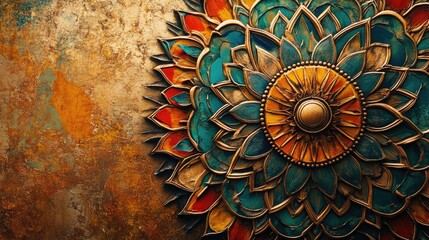Intricate vibrant mandala design with detailed patterns and textured background featuring ample empty space for text placement.