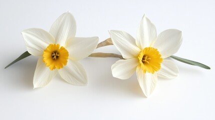 Obraz premium Pair of Early Spring Daffodils with Yellow Centers on Clean White Background